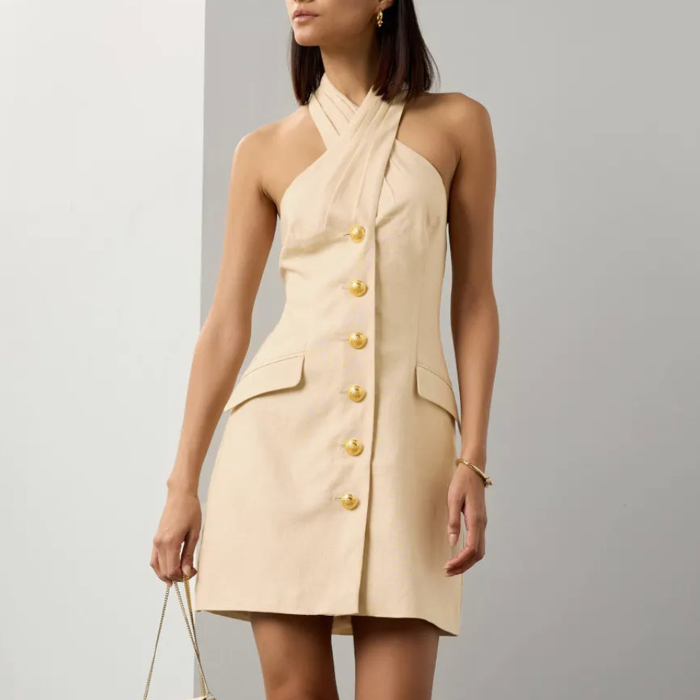 Toccin Beige Halter Mini Dress SIZE 0 Sheath Linen Vacation Designer Work $445